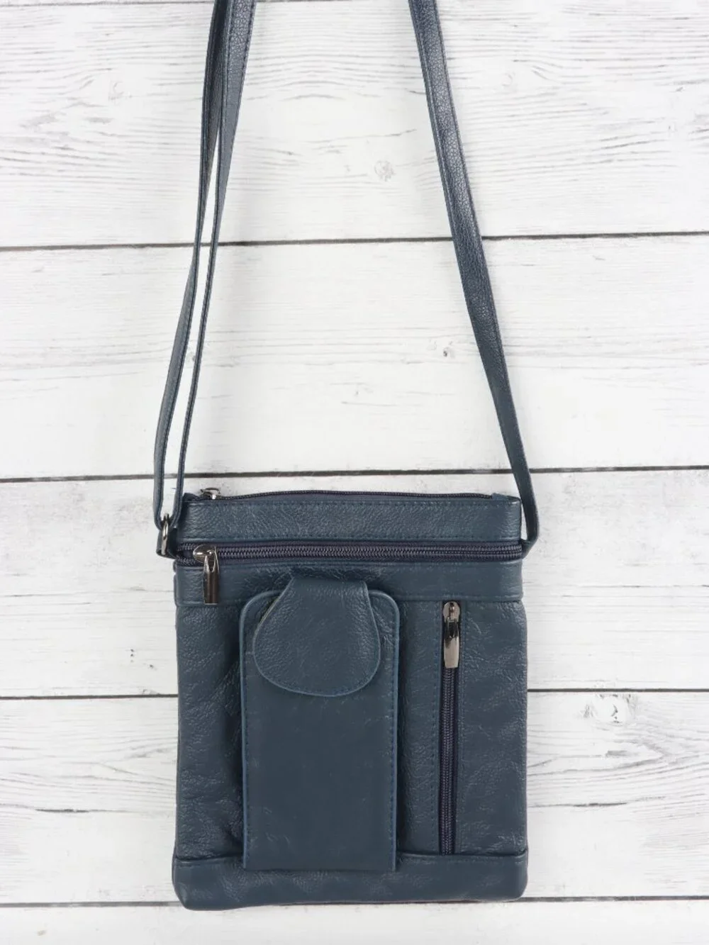 SteelTime Blue Genuine Leather Multi-Pocket Crossbody Bag